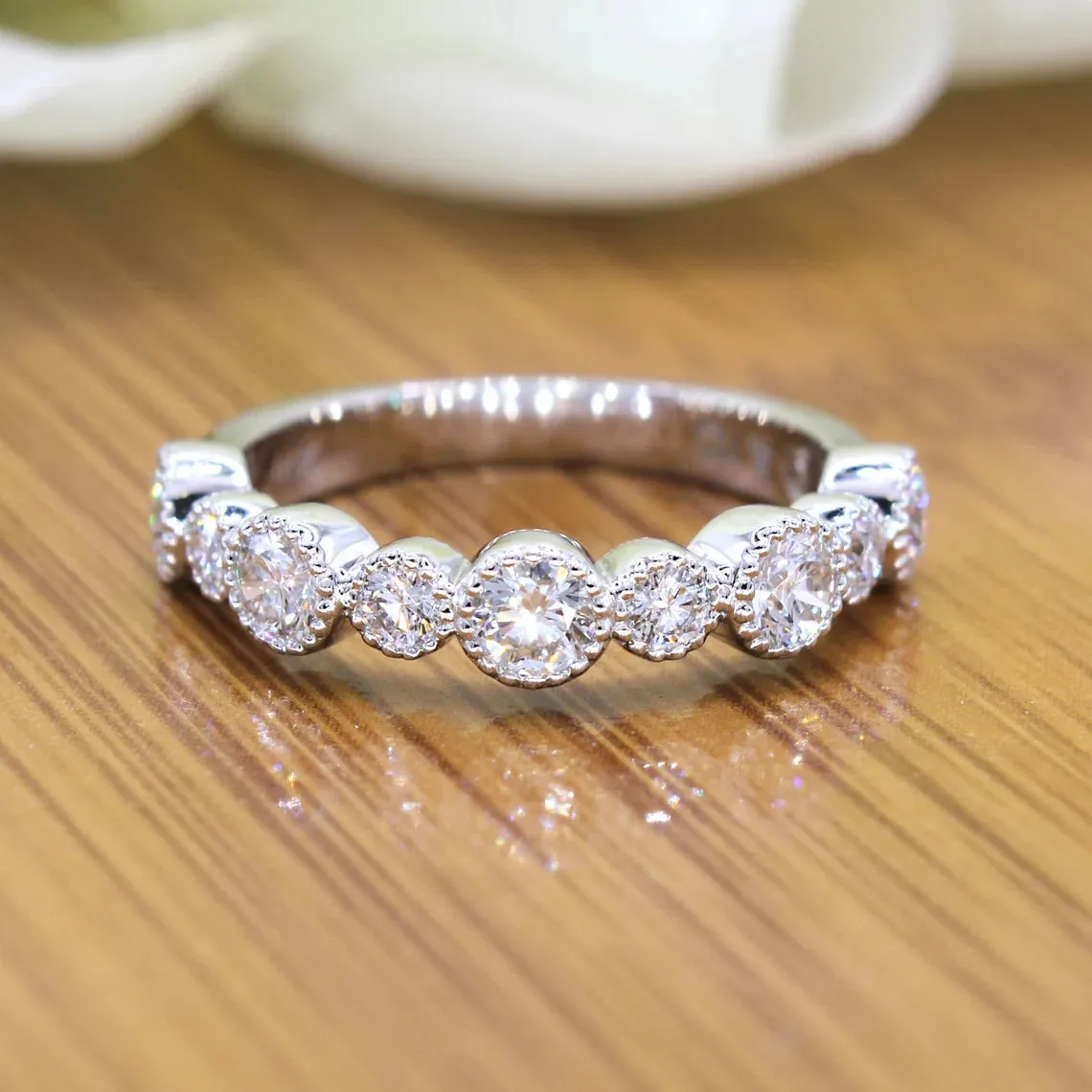 0.85 ct. Round Diamond Wedding Stackable Band, Bezel Set Milgrain Accent Ring