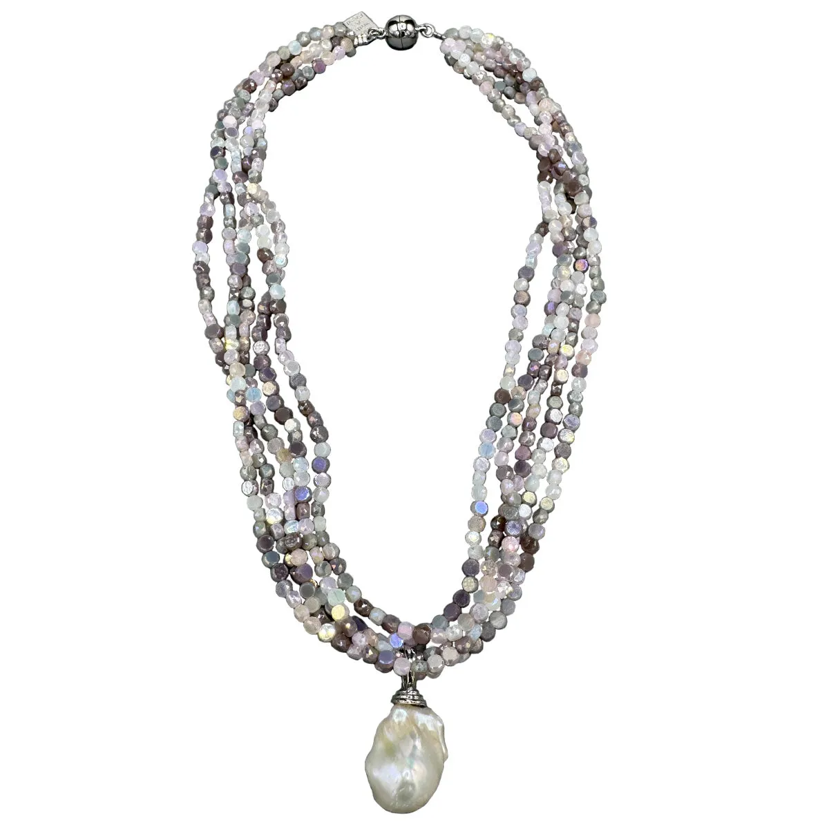 191-26-S | 5-STRAND MIX MAUVE CRYSTALS W/ WILD PEARL DROP