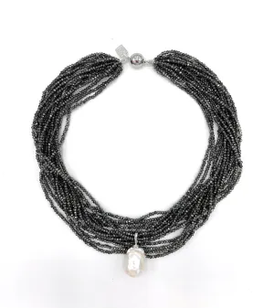 192-07-S | GUNMETAL CRYSTAL NECKLACE w/DETACHABLE WILD PEARL