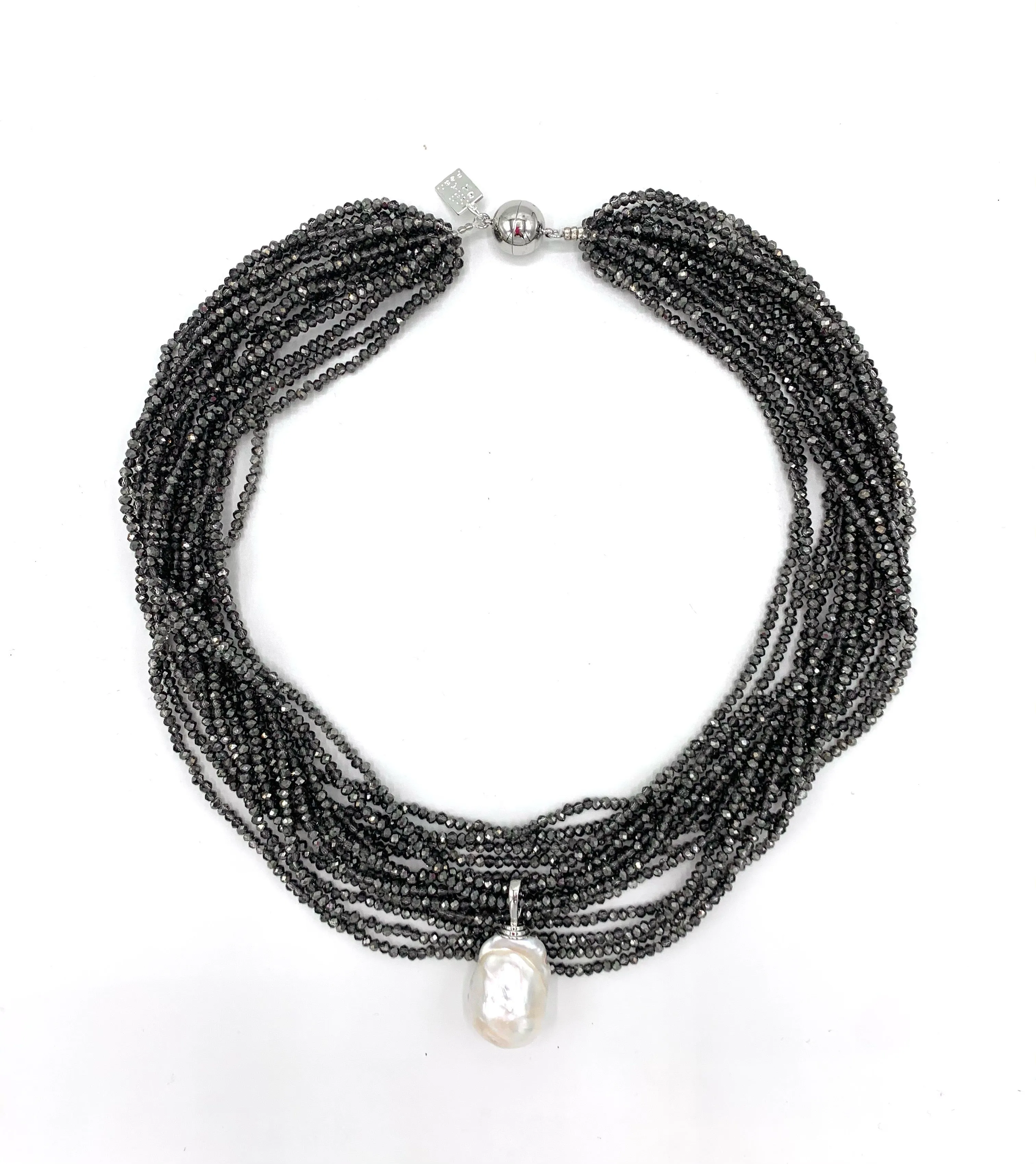192-07-S | GUNMETAL CRYSTAL NECKLACE w/DETACHABLE WILD PEARL