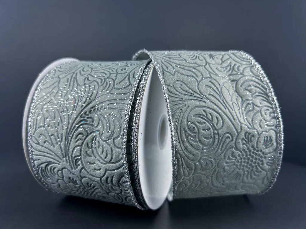 2.5" Glittered Embossed Flowers: Silver (10 Yards) 72433-40-16