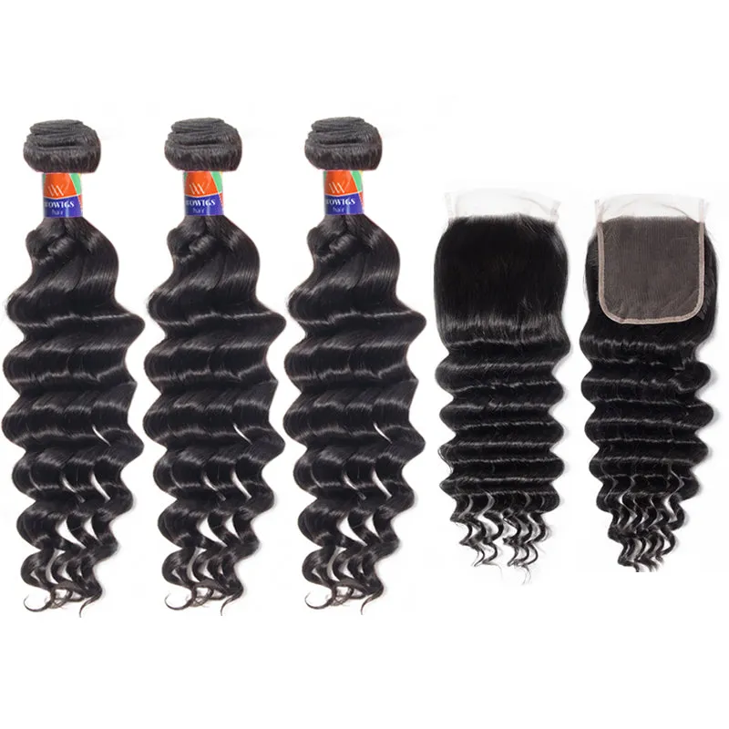 3 Bundles with a 4×4 Lace Closure Deep Wave 12-32 inch Virgin Hair Extensions