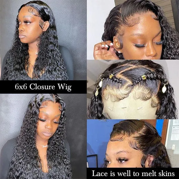 Aliopop Hair Water Wave 6x6 Lace Closure Wigs Transparent Lace Wig Deep Part Wig
