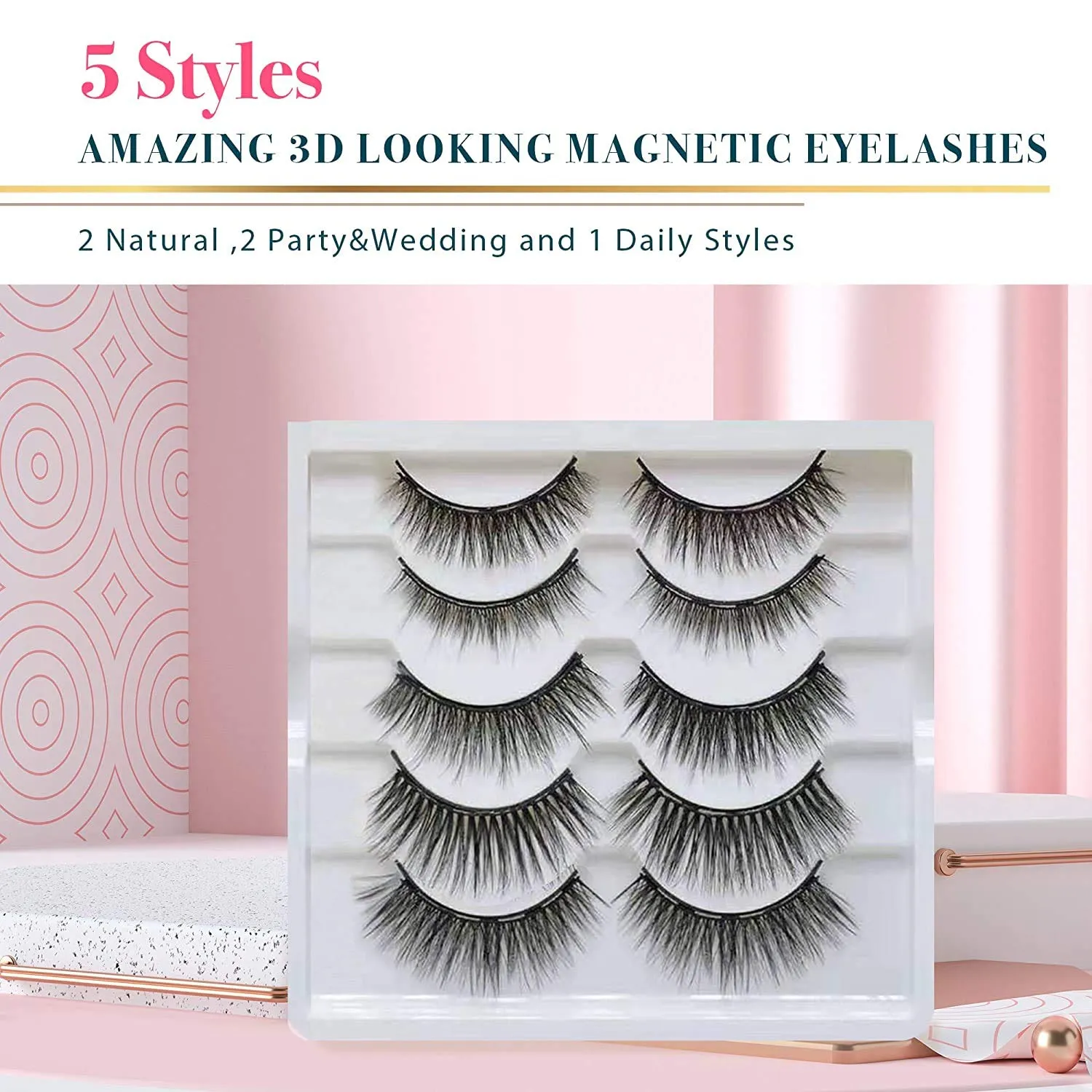 Arishine 5 Pairs Reusable Magnetic Eyelashes and 2 Tubes of Magnetic Eyeliner Kit