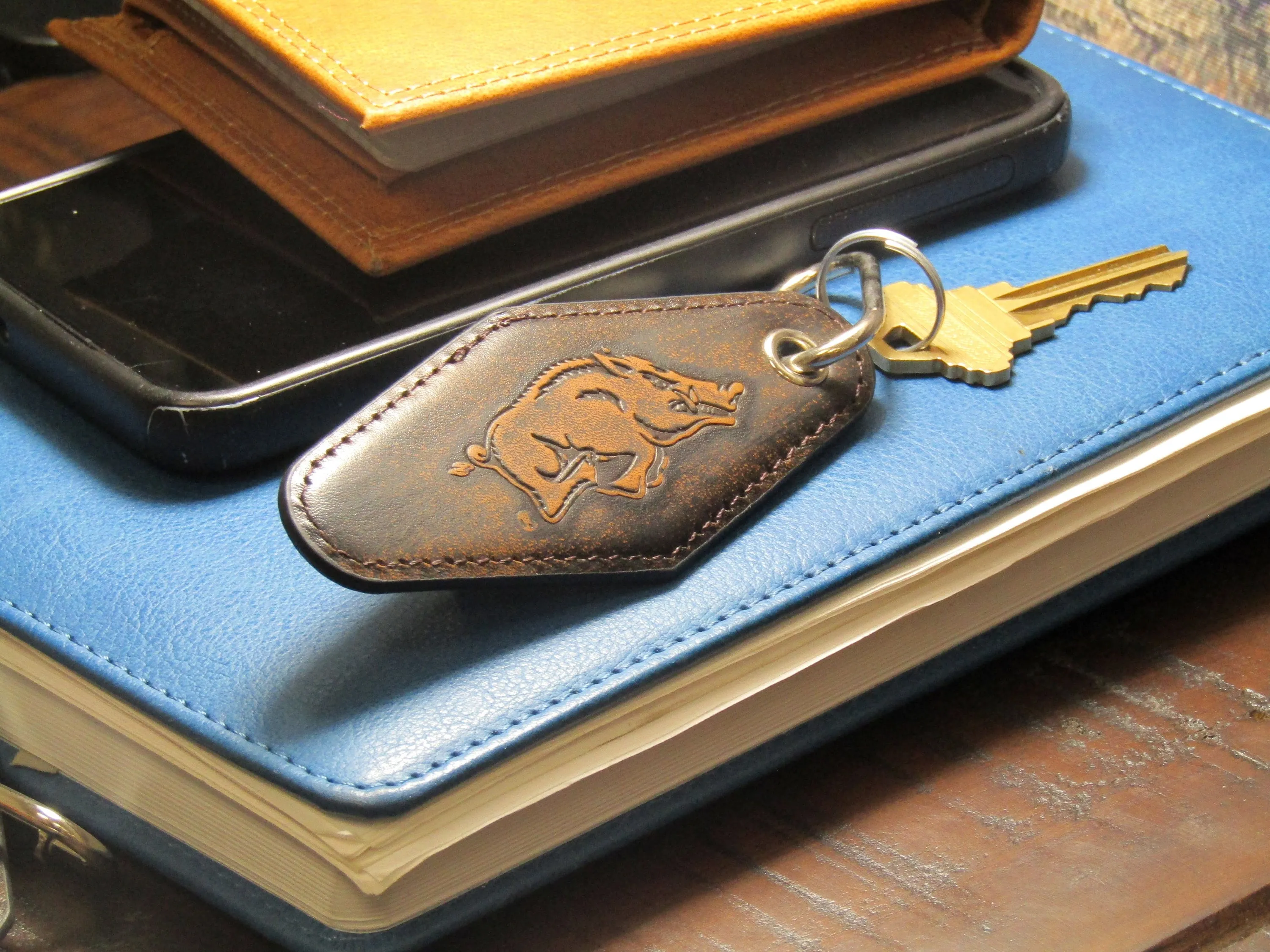 Arkansas Razorbacks Collegiate Vintage Full Grain Leather Key Fob. Brown Burnished and Tan Embossed Key Ring.