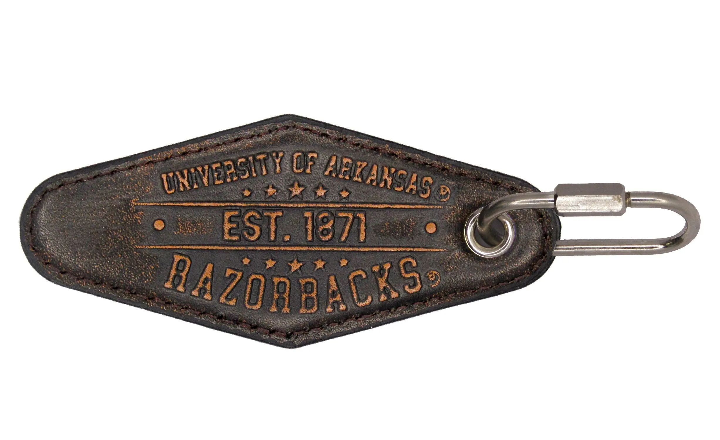 Arkansas Razorbacks Collegiate Vintage Full Grain Leather Key Fob. Brown Burnished and Tan Embossed Key Ring.