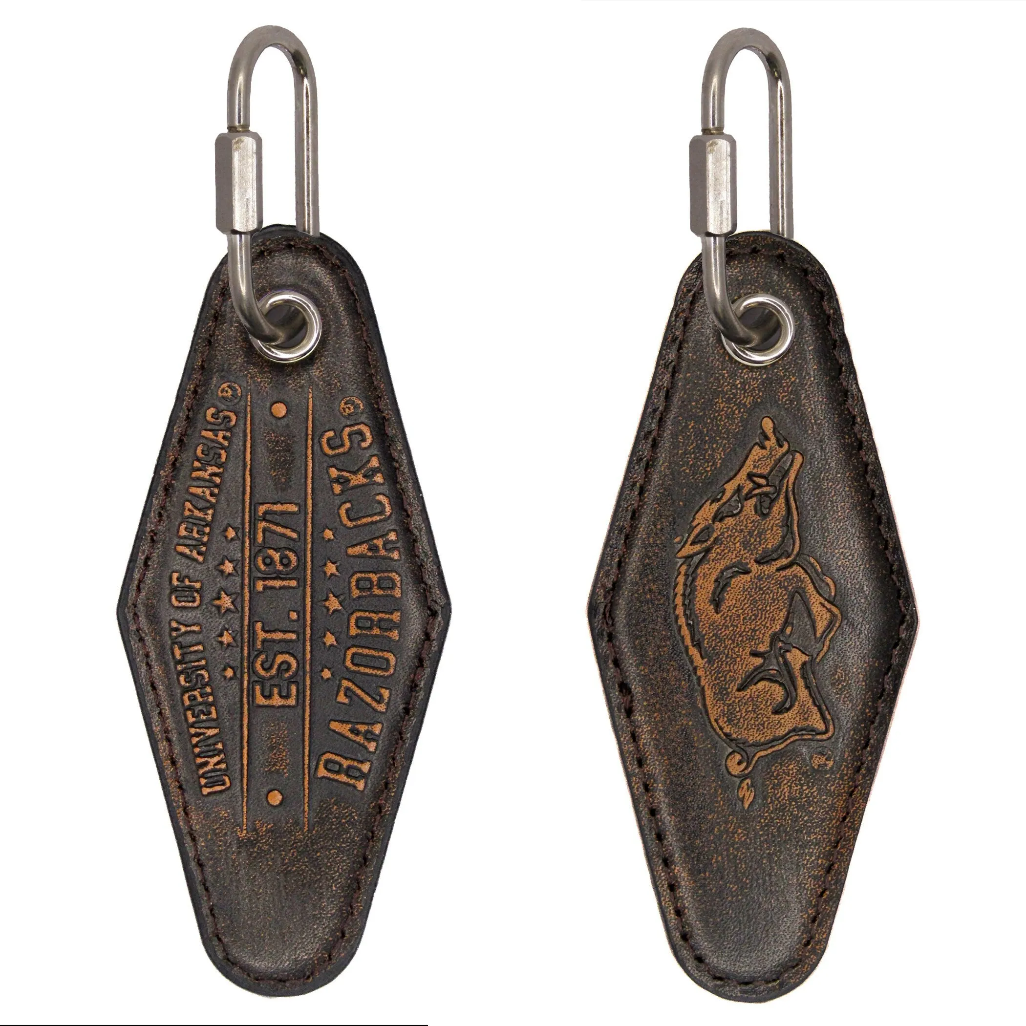 Arkansas Razorbacks Collegiate Vintage Full Grain Leather Key Fob. Brown Burnished and Tan Embossed Key Ring.