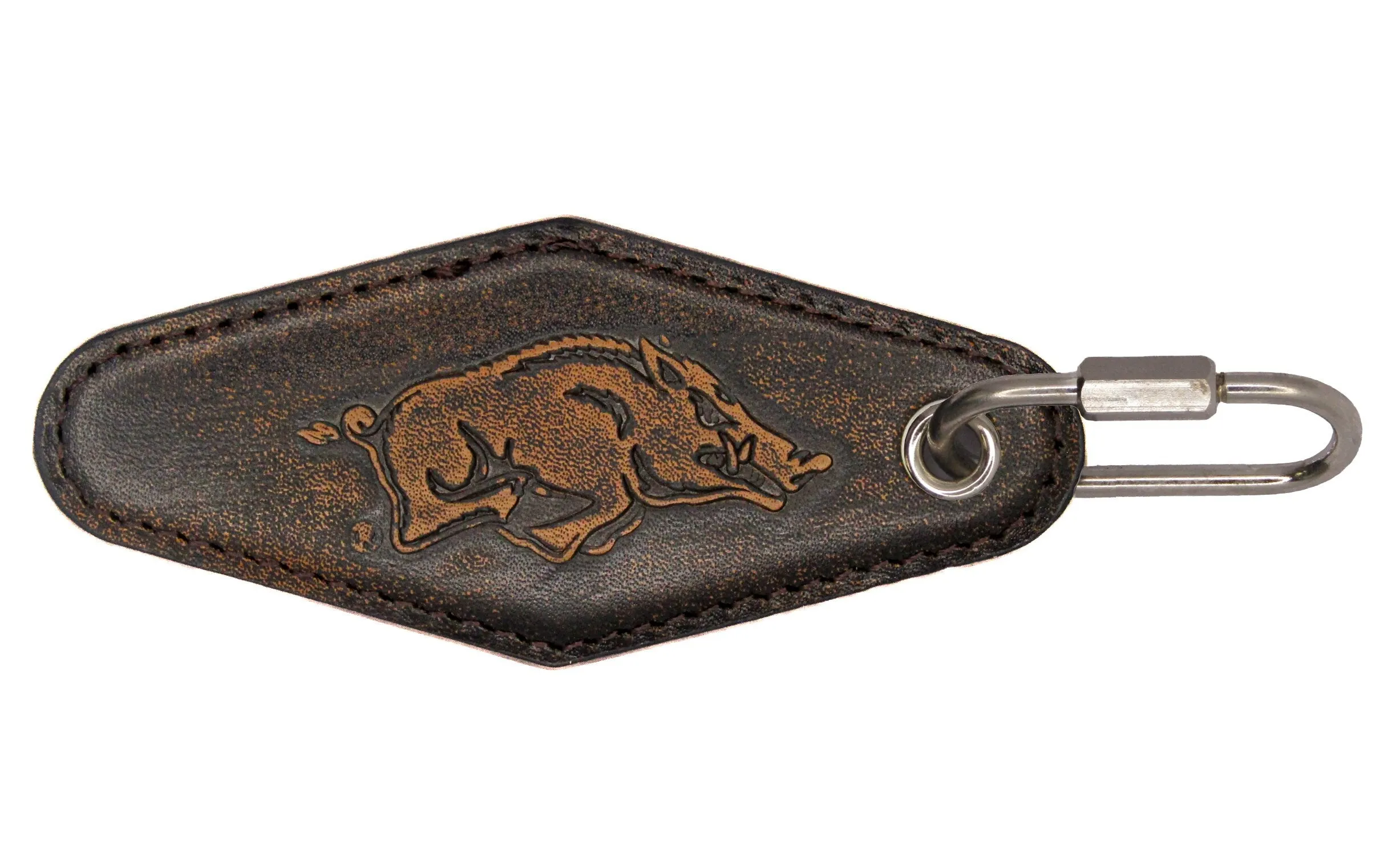 Arkansas Razorbacks Collegiate Vintage Full Grain Leather Key Fob. Brown Burnished and Tan Embossed Key Ring.