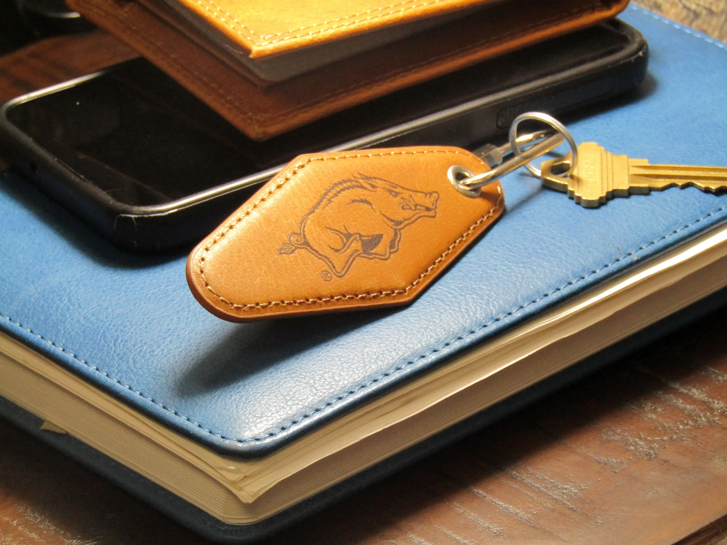 Arkansas Razorbacks Collegiate Vintage Full Grain Leather Key Fob. Brown Burnished and Tan Embossed Key Ring.