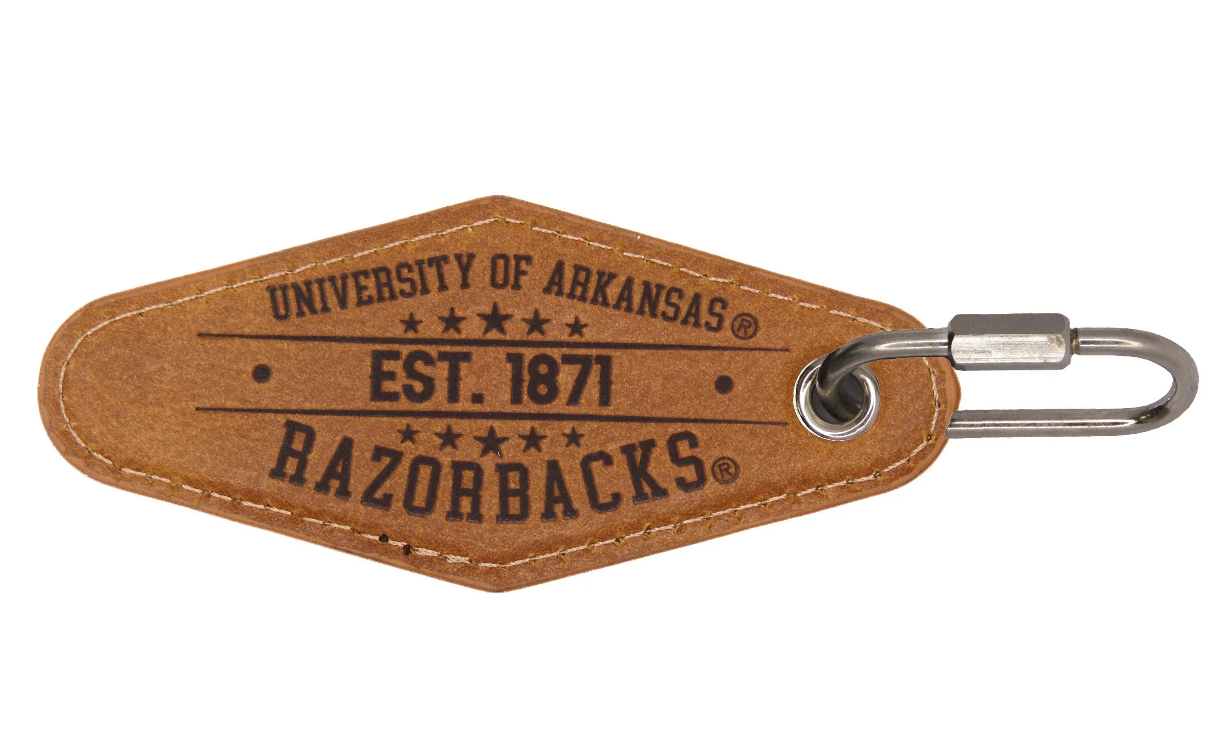 Arkansas Razorbacks Collegiate Vintage Full Grain Leather Key Fob. Brown Burnished and Tan Embossed Key Ring.