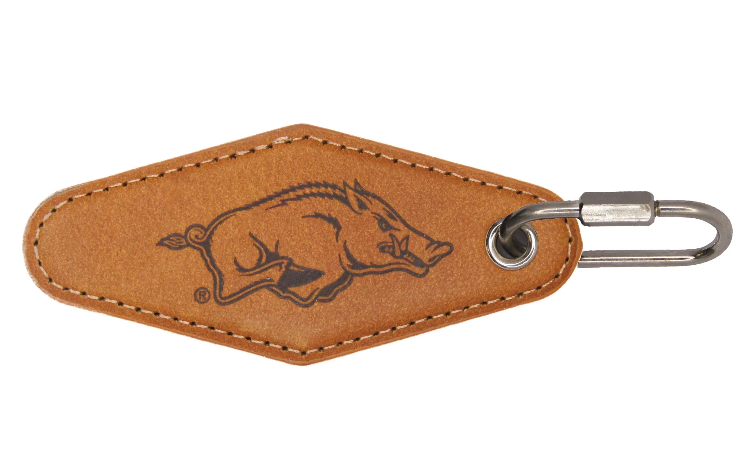Arkansas Razorbacks Collegiate Vintage Full Grain Leather Key Fob. Brown Burnished and Tan Embossed Key Ring.