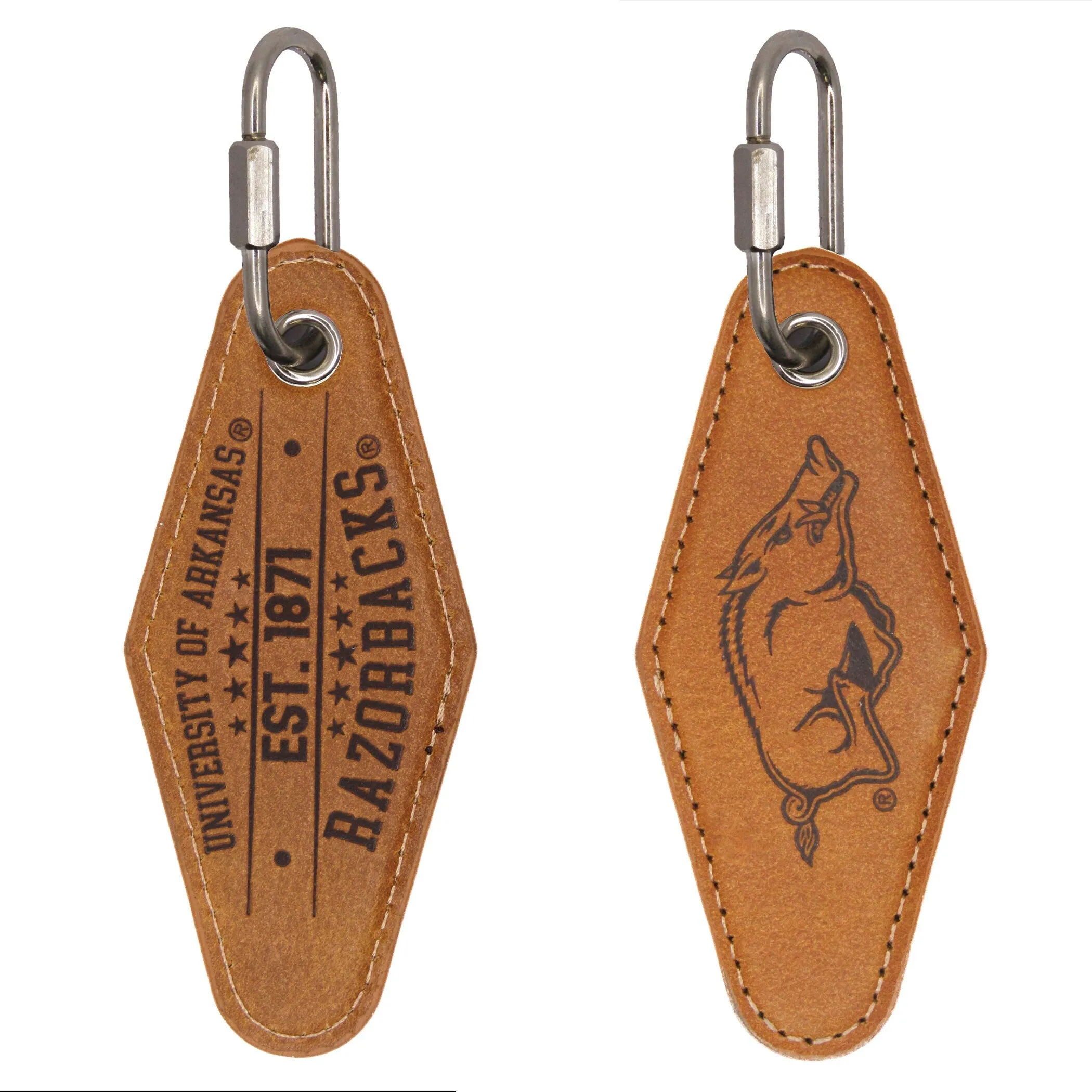 Arkansas Razorbacks Collegiate Vintage Full Grain Leather Key Fob. Brown Burnished and Tan Embossed Key Ring.