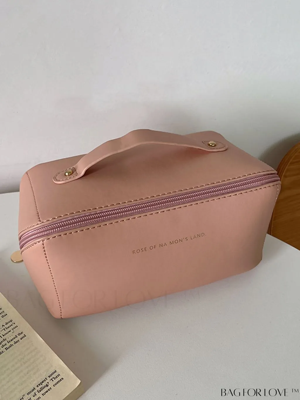 BagForLove - Embossed Letter Top-Handle Makeup Bag: Travel-Friendly PU Cosmetic Organizer with Zipper
