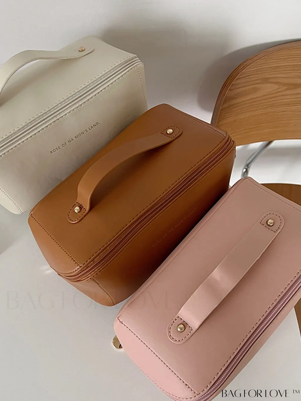 BagForLove - Embossed Letter Top-Handle Makeup Bag: Travel-Friendly PU Cosmetic Organizer with Zipper