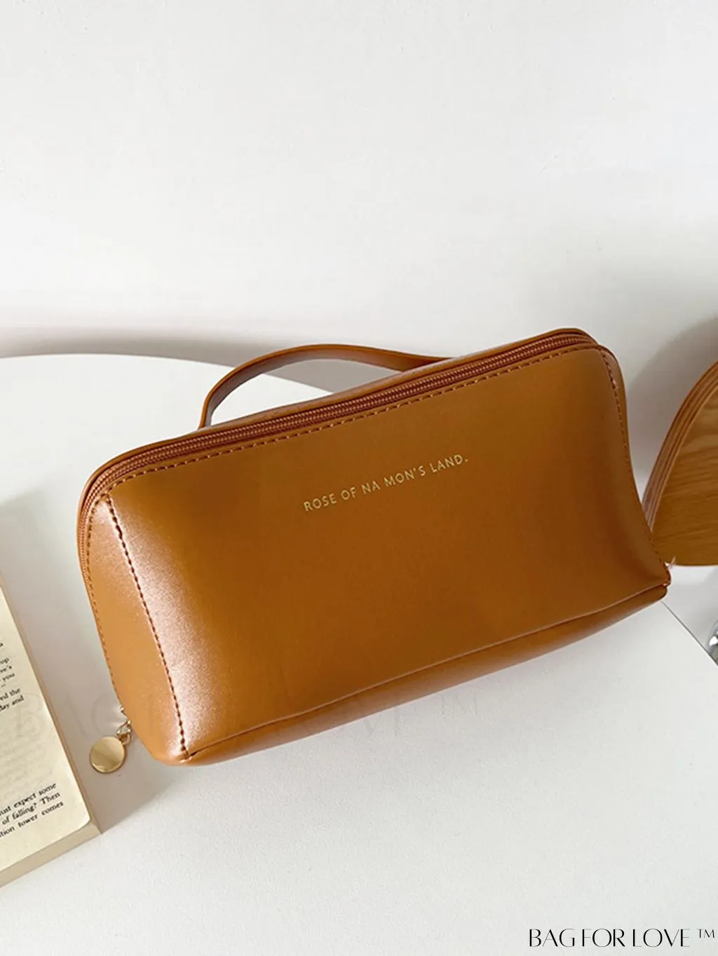 BagForLove - Embossed Letter Top-Handle Makeup Bag: Travel-Friendly PU Cosmetic Organizer with Zipper