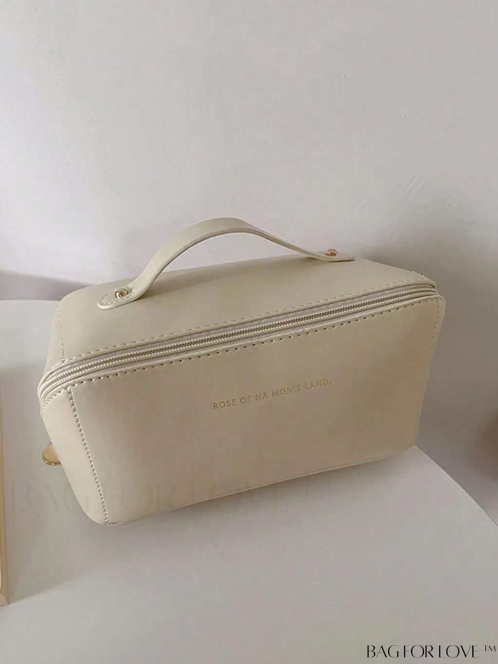 BagForLove - Embossed Letter Top-Handle Makeup Bag: Travel-Friendly PU Cosmetic Organizer with Zipper