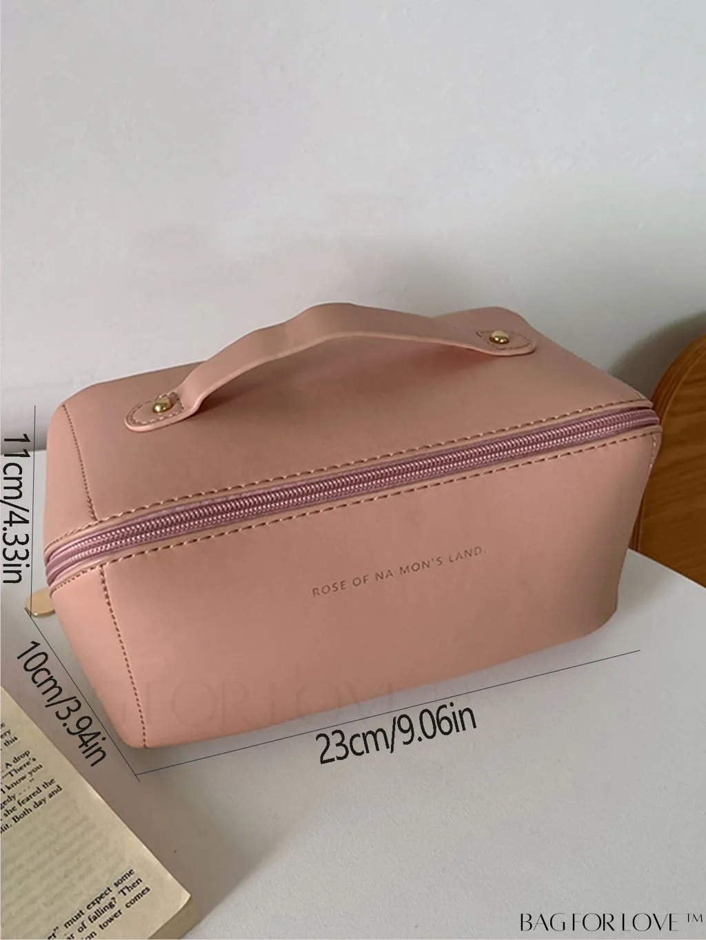 BagForLove - Embossed Letter Top-Handle Makeup Bag: Travel-Friendly PU Cosmetic Organizer with Zipper