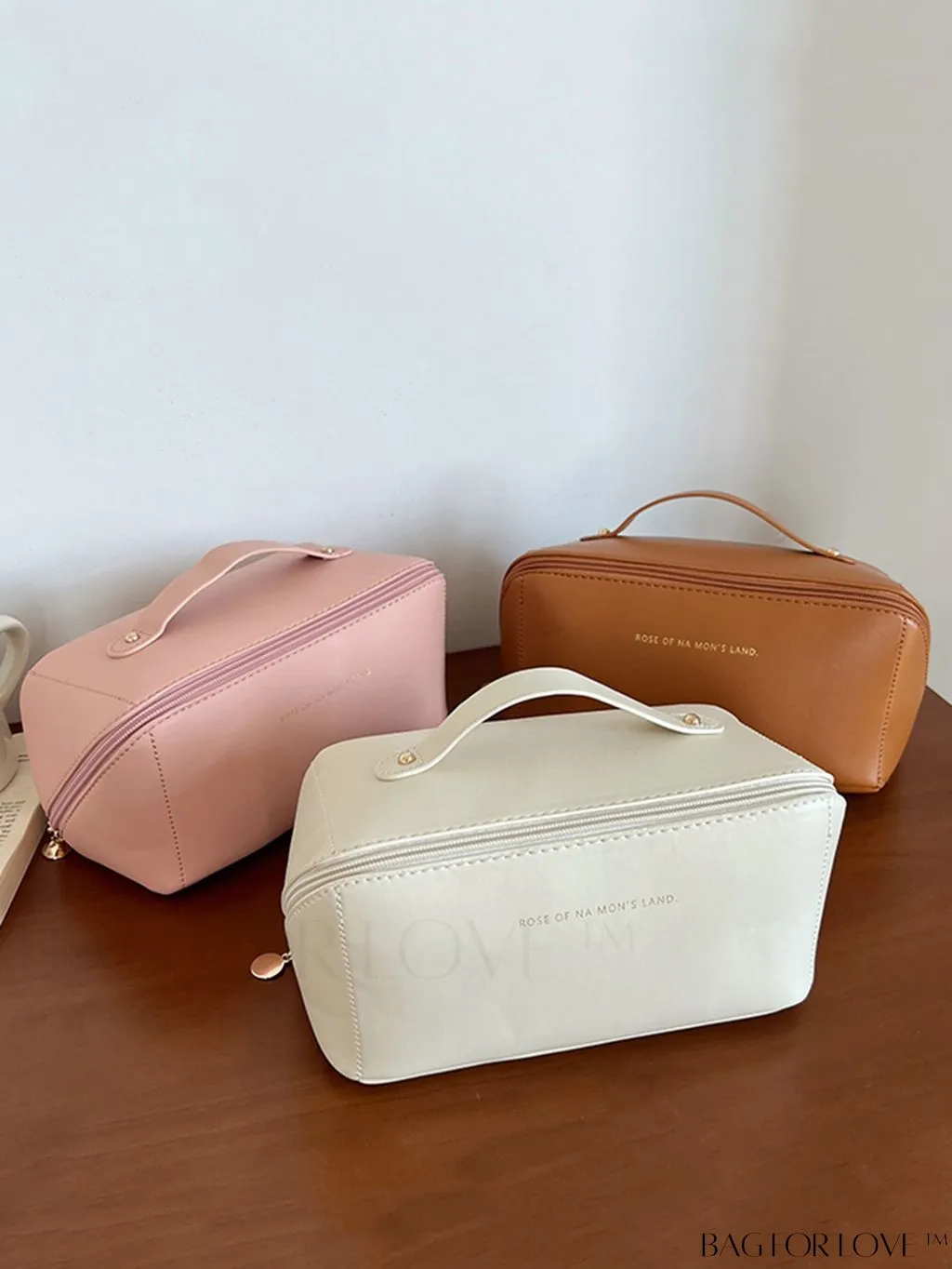 BagForLove - Embossed Letter Top-Handle Makeup Bag: Travel-Friendly PU Cosmetic Organizer with Zipper