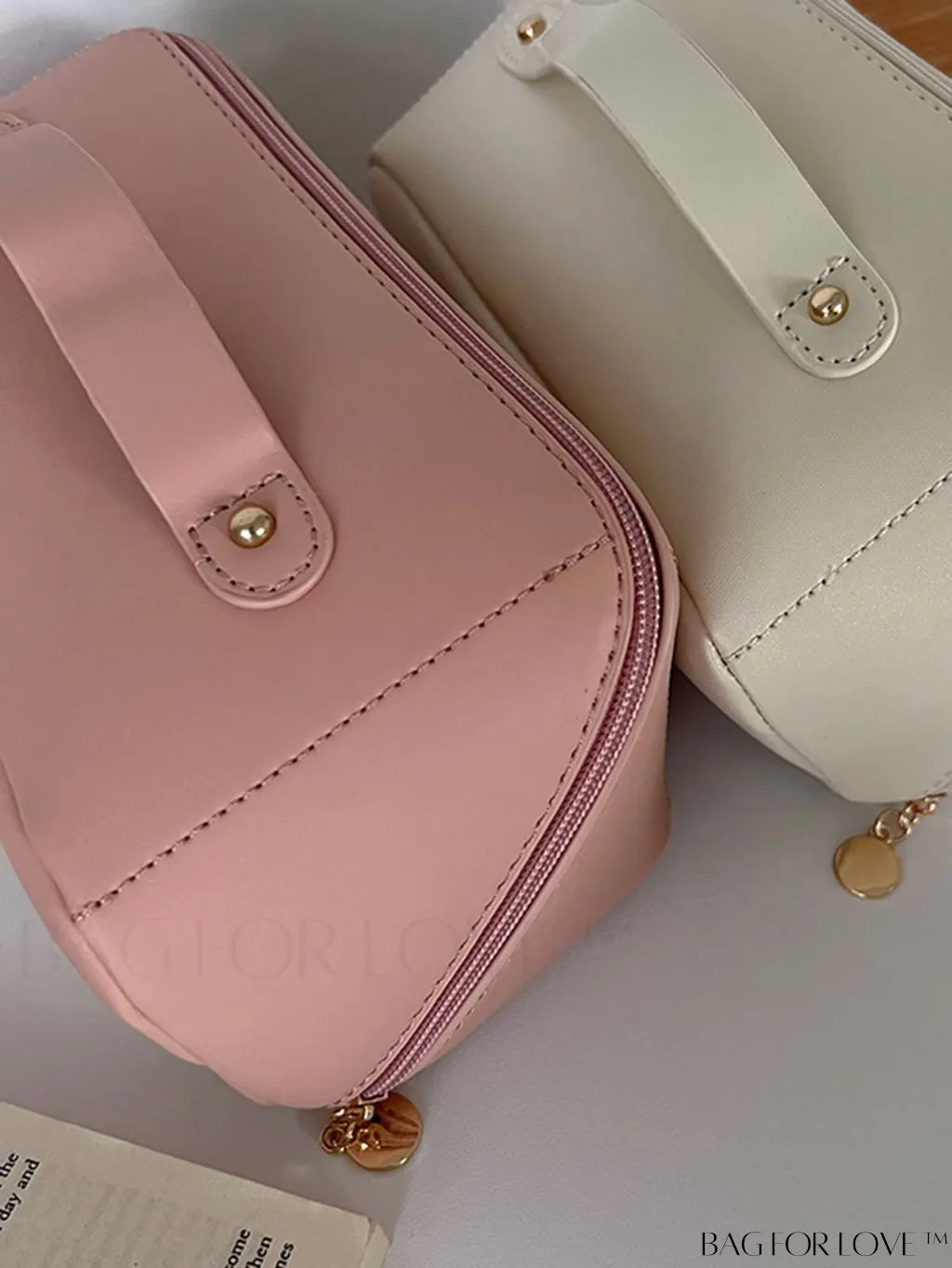 BagForLove - Embossed Letter Top-Handle Makeup Bag: Travel-Friendly PU Cosmetic Organizer with Zipper