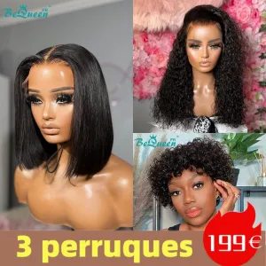 BeQueen 199€=3 perruques Perruque Curly 18" Lisse bob 8” Curly pixie
