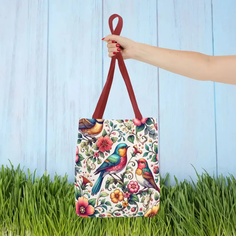 Birds and Flowers Tote Bag with Black Cotton Handles