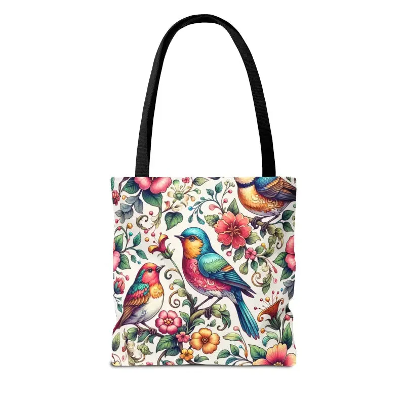 Birds and Flowers Tote Bag with Black Cotton Handles