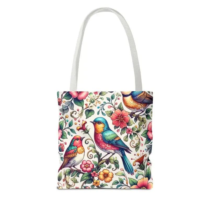 Birds and Flowers Tote Bag with Black Cotton Handles