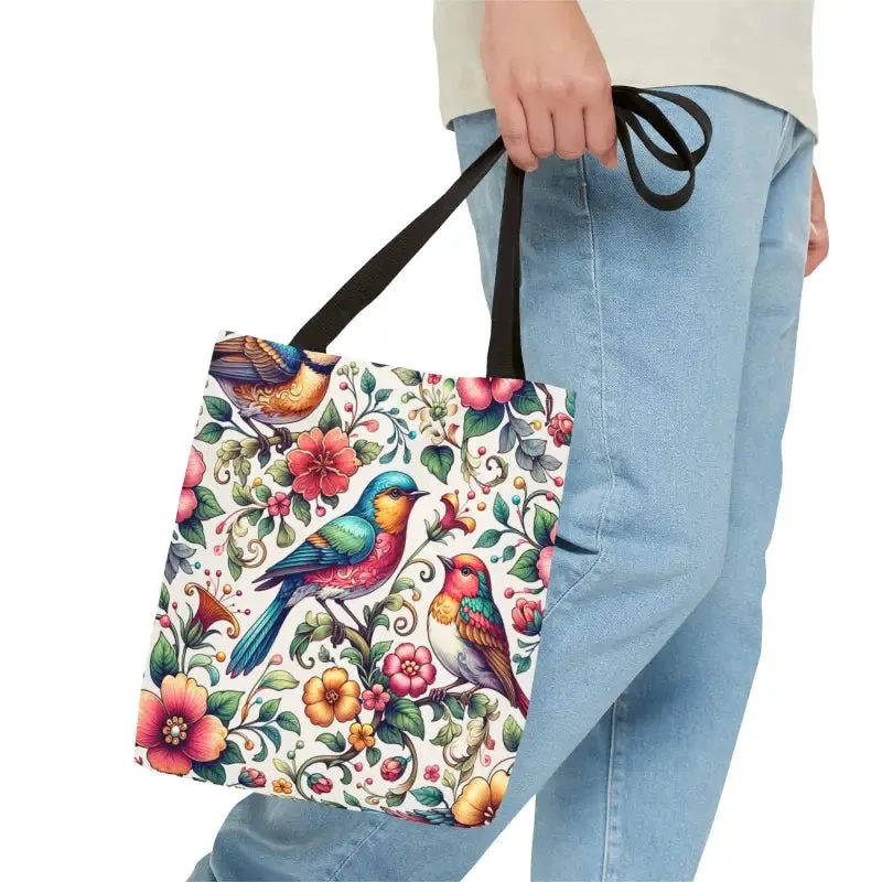 Birds and Flowers Tote Bag with Black Cotton Handles