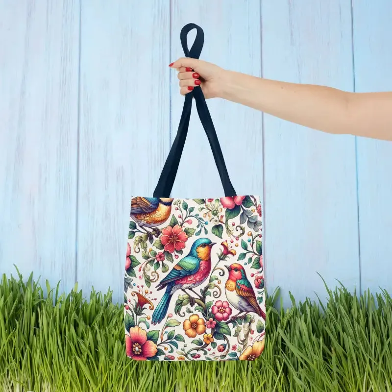 Birds and Flowers Tote Bag with Black Cotton Handles