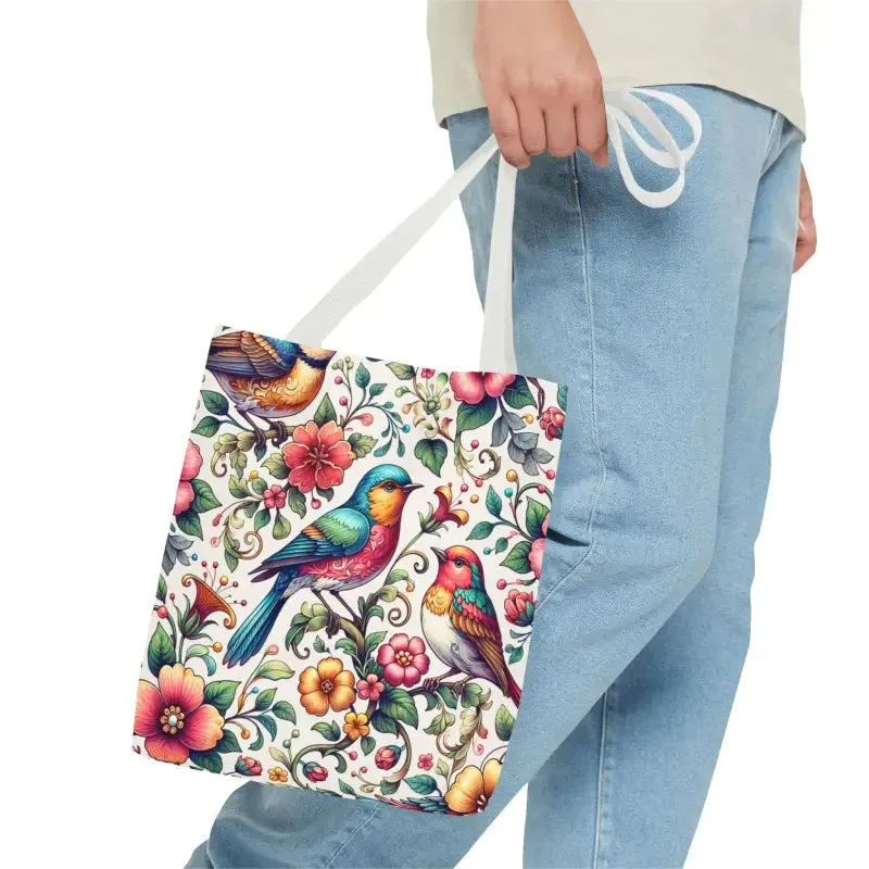 Birds and Flowers Tote Bag with Black Cotton Handles