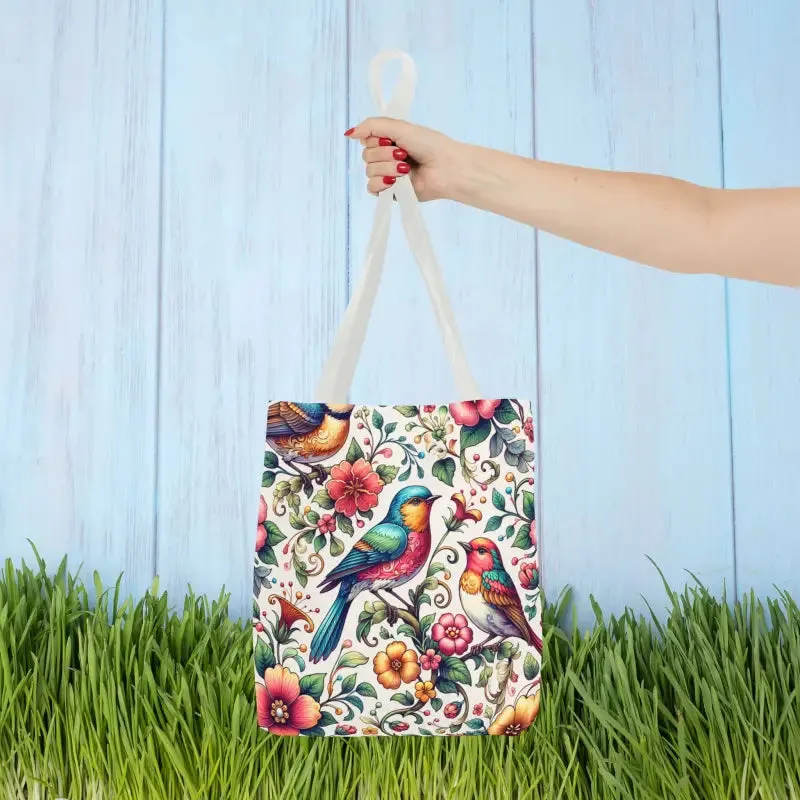 Birds and Flowers Tote Bag with Black Cotton Handles