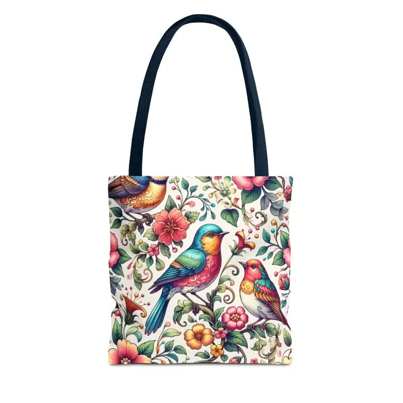 Birds and Flowers Tote Bag with Black Cotton Handles