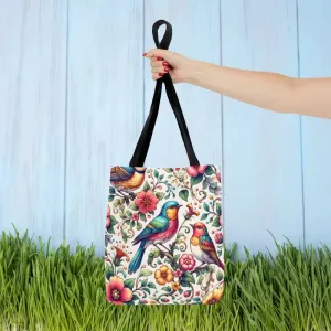 Birds and Flowers Tote Bag with Black Cotton Handles