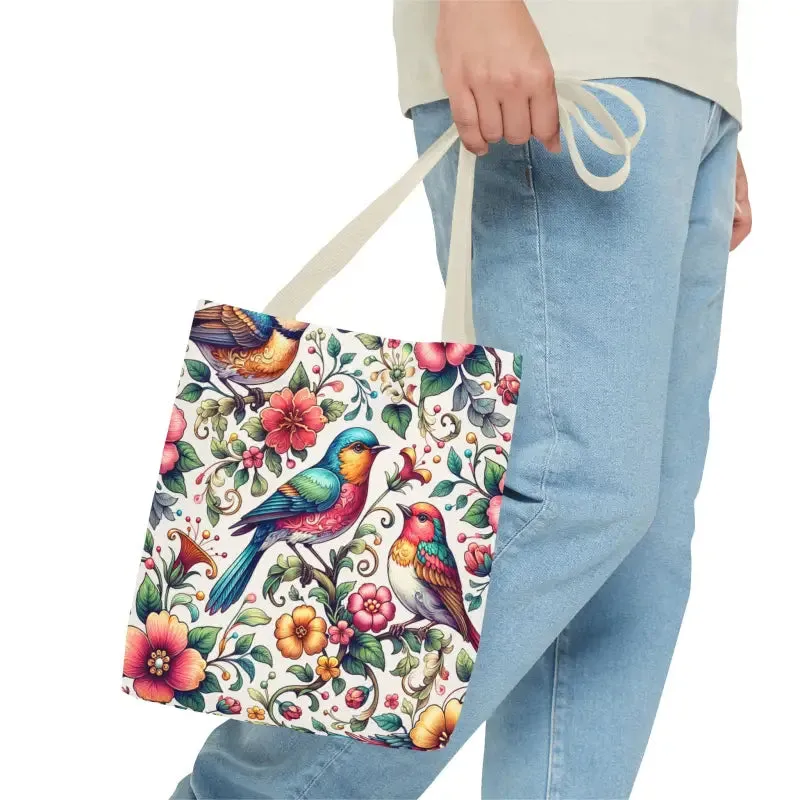 Birds and Flowers Tote Bag with Black Cotton Handles