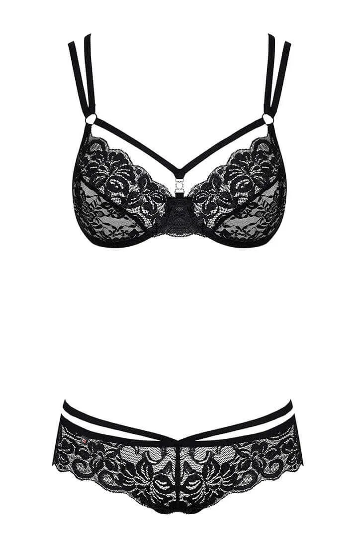 Black cage-strap lace bra & panty set - Choose Me