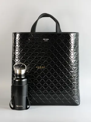 Black Embossed-Printed Shopping Bag with Detachable Water Bottle