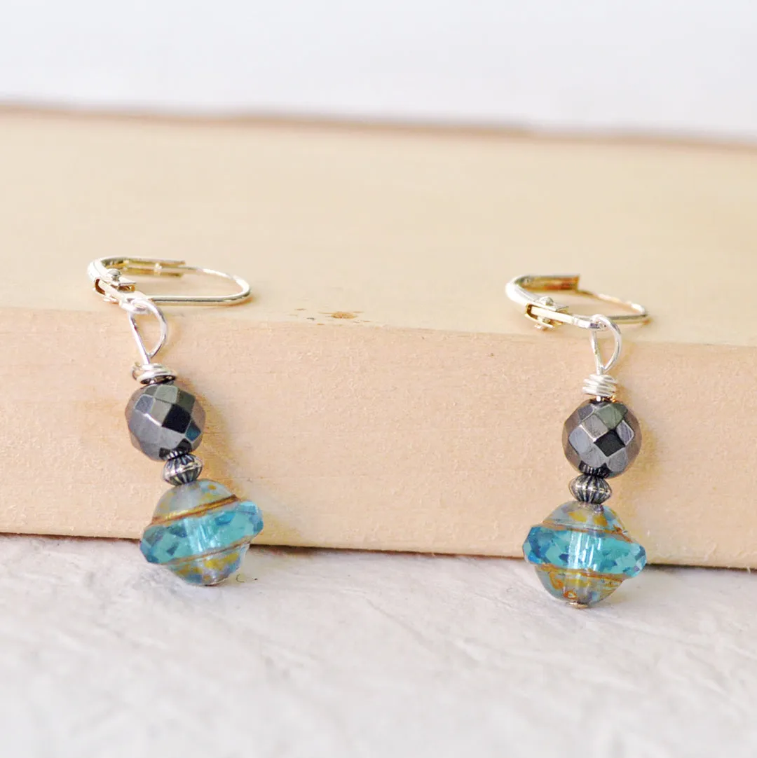 Black Hematite & Aquamarine Czech Glass Magnetic Earrings