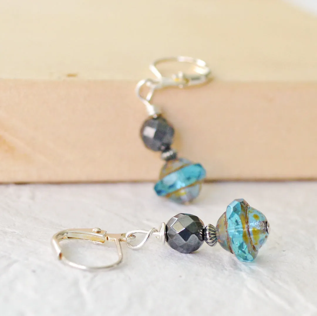 Black Hematite & Aquamarine Czech Glass Magnetic Earrings