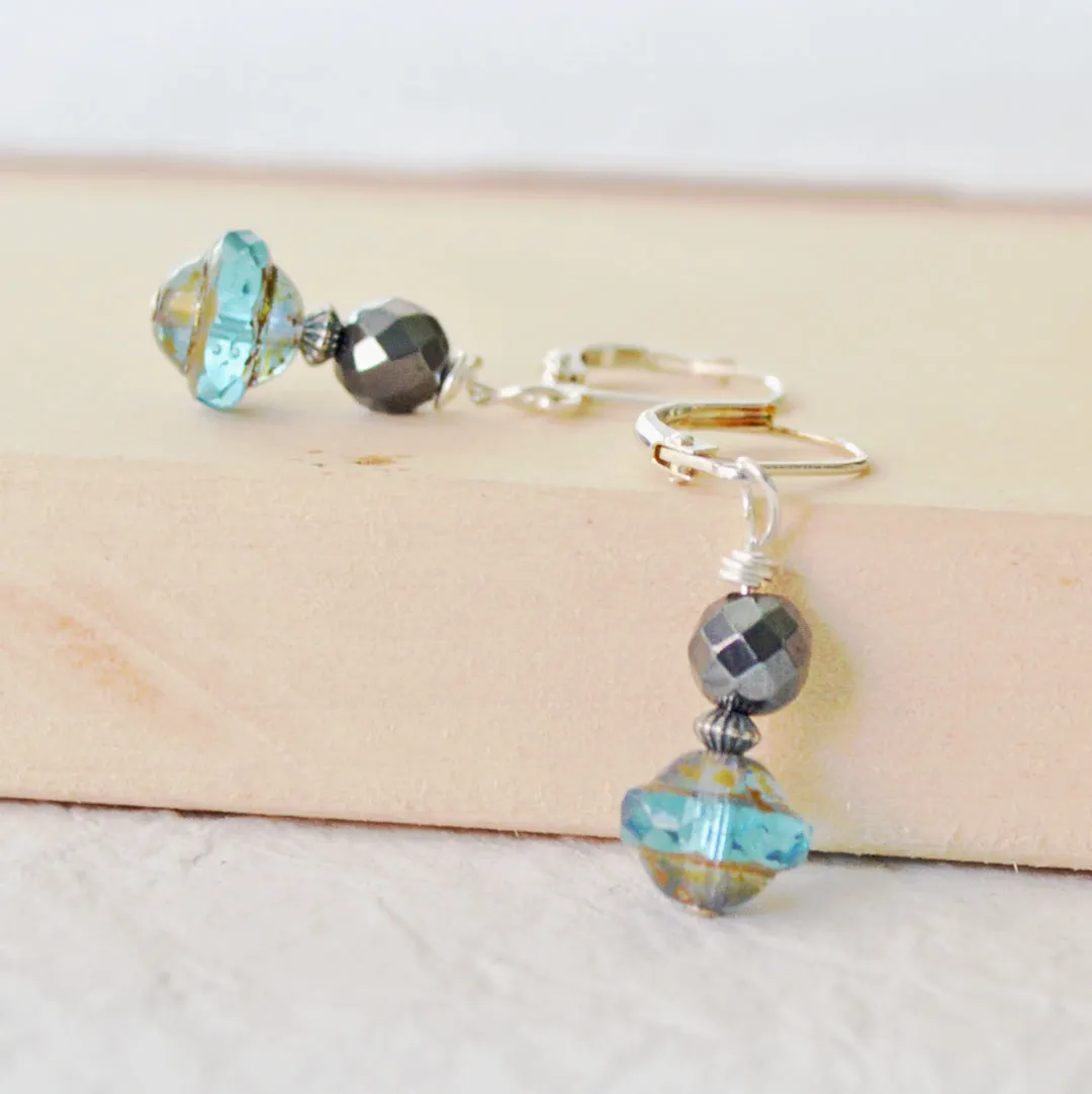 Black Hematite & Aquamarine Czech Glass Magnetic Earrings