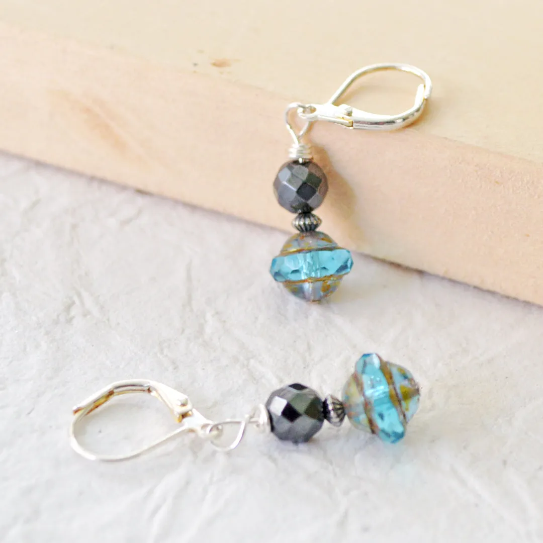 Black Hematite & Aquamarine Czech Glass Magnetic Earrings