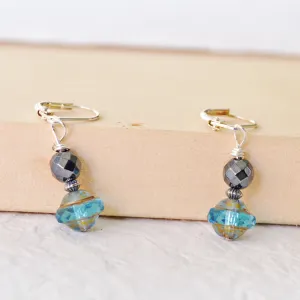 Black Hematite & Aquamarine Czech Glass Magnetic Earrings