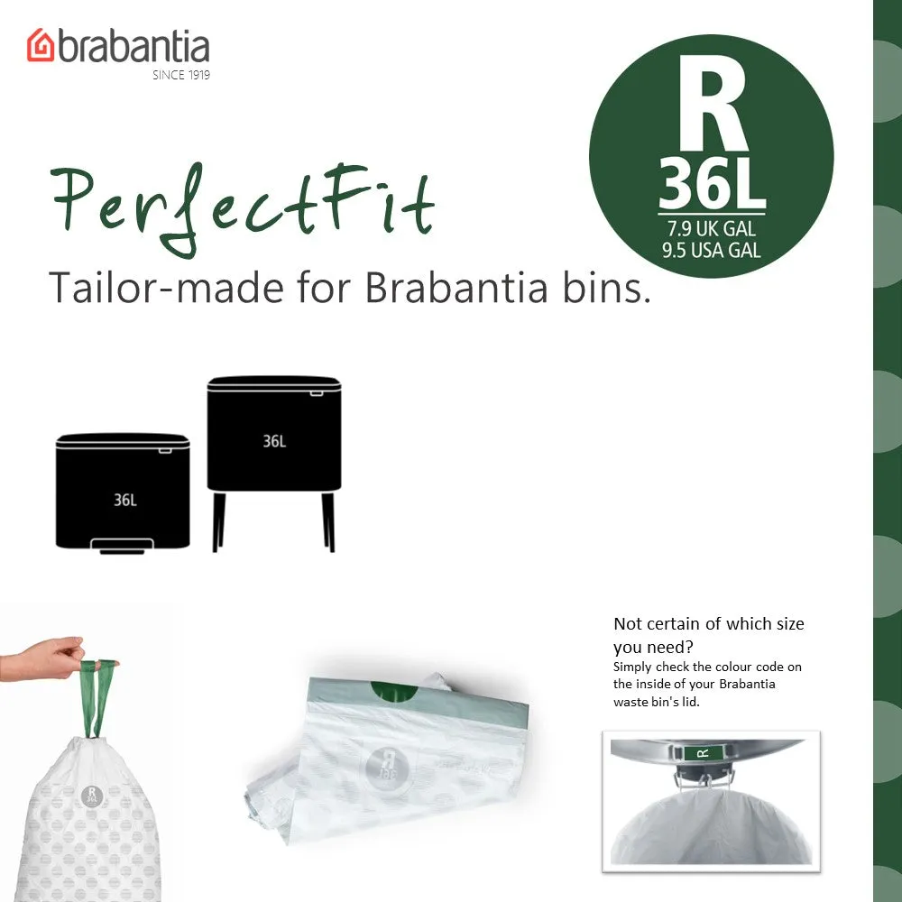 Brabantia PerfectFit Roll Pack Bin Liner Bags, R, 36 L x 10 Bags, Roll Pack