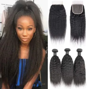 Brazilian Kinky Straight 4 Bundles With 4×4 Lace Closure 10A Grade 100% Human Remy Hair MYLOCKME