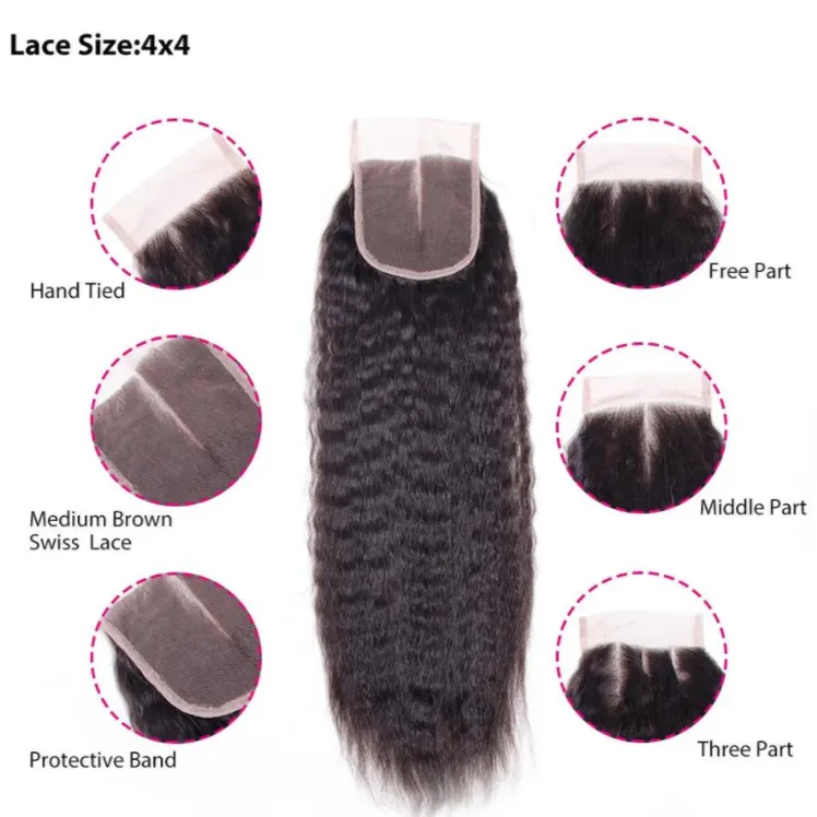 Brazilian Kinky Straight 4 Bundles With 4×4 Lace Closure 10A Grade 100% Human Remy Hair MYLOCKME