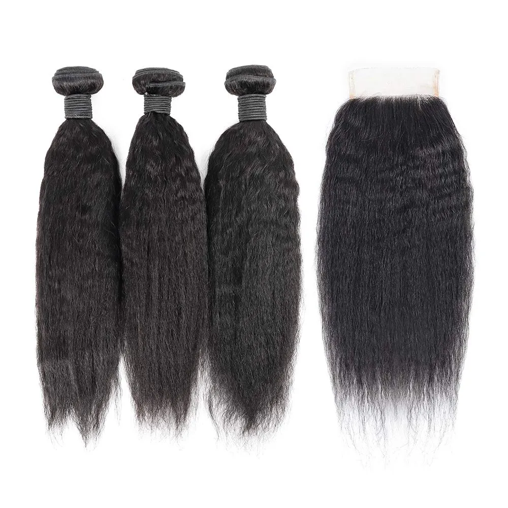 Brazilian Kinky Straight 4 Bundles With 4×4 Lace Closure 10A Grade 100% Human Remy Hair MYLOCKME
