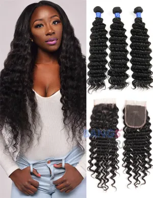 Brazilian Virgin Hair 3 Bundles With Closure Deep Wave