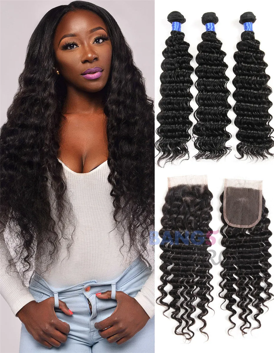 Brazilian Virgin Hair 3 Bundles With Closure Deep Wave