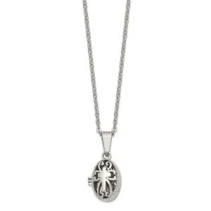 Chisel Stainless Steel Polished and Antiqued Oval Magnetic Prayer Box on a 18 inch Cable Chain Necklace