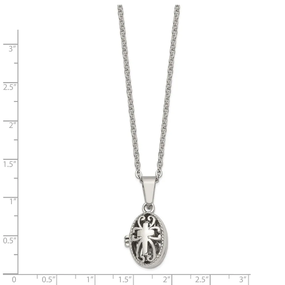 Chisel Stainless Steel Polished and Antiqued Oval Magnetic Prayer Box on a 18 inch Cable Chain Necklace