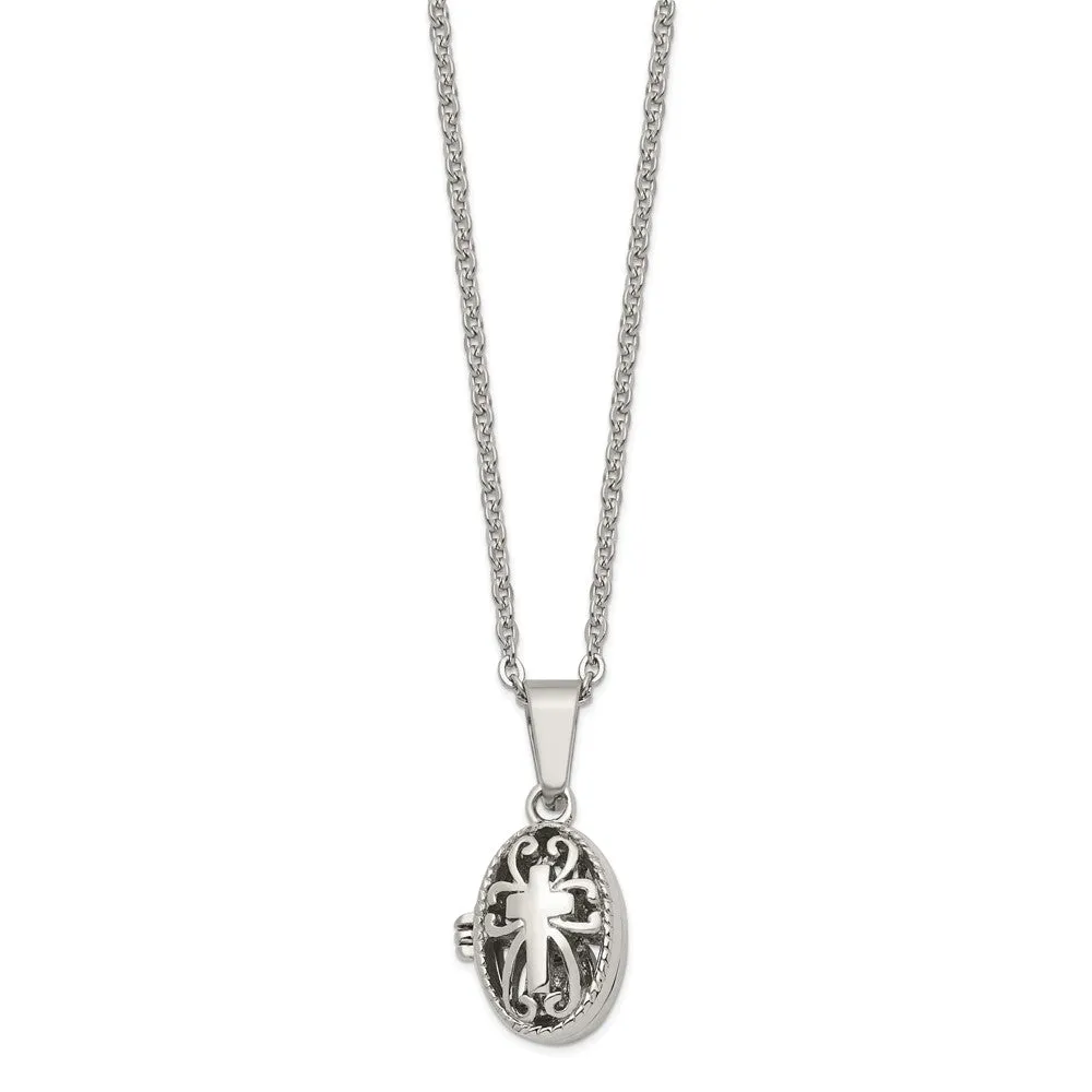 Chisel Stainless Steel Polished and Antiqued Oval Magnetic Prayer Box on a 18 inch Cable Chain Necklace